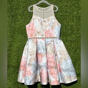 Flower Patterned Dress with Rhinestone Beltline